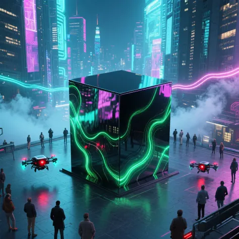 "In the central plaza of a futuristic neon city, a colossal mysterious obsidian box with a mirror-polished surface suddenly appe...