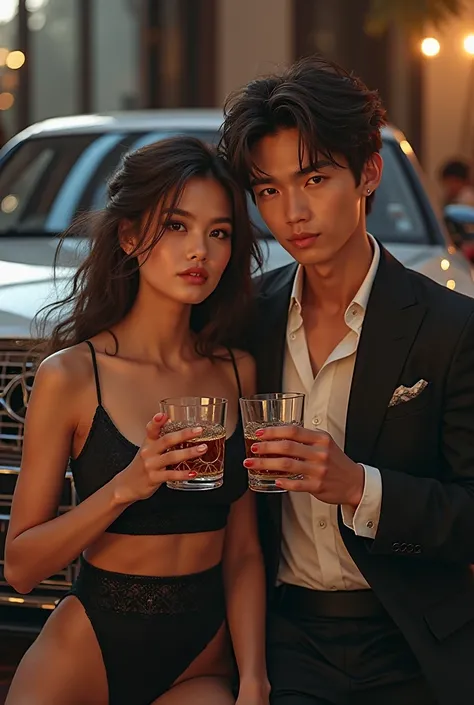 Girl and boy drinking alcohol whiskey in front of luxury car mercedes, looking at the camera,, realistic visual