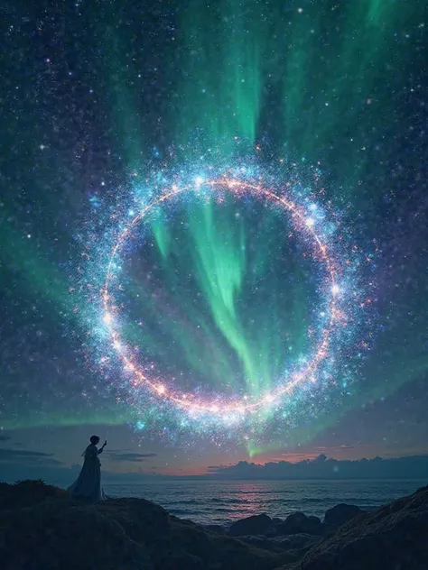 Constellation circle and aurora, in the sky photorealism Depict the fantastic
