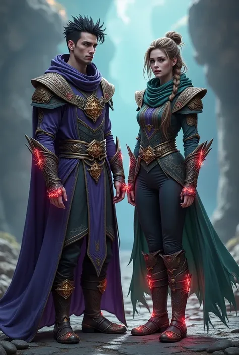 Create highly detailed, stylized 3D models of a male and female fantasy adventurer standing side by side in a medieval-inspired ...