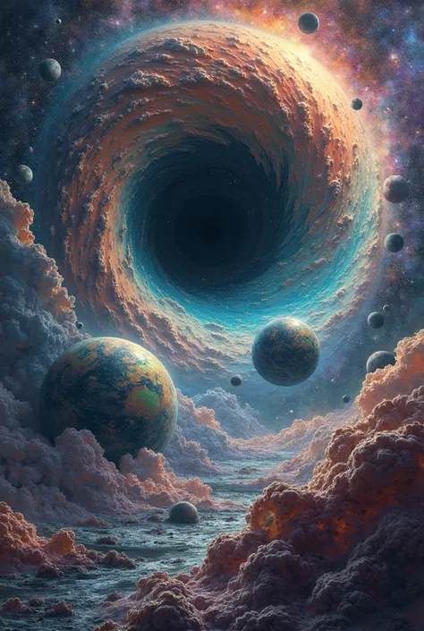 Create a space with unique, colored planets and with a black hole and stars as a background