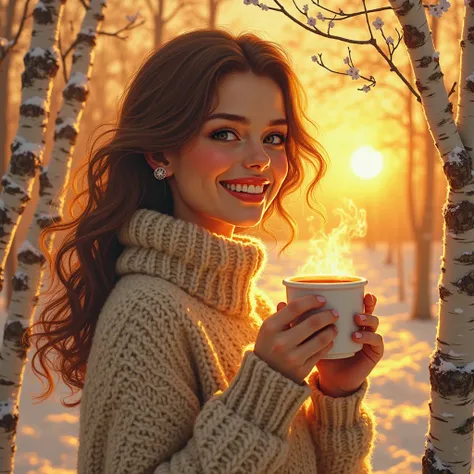 Woman with a bright pin-up smile, wearing a cozy sweater and holding a steaming mug of hot coffee, set against a warm morning b...