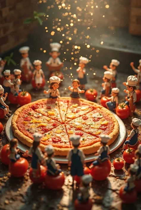 The freshly baked pizza is pulled out. On a giant plate, the miniature chefs in blue apron gather around it, cheering and clappi...