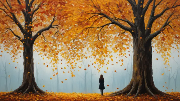 A woman watching leaves fall from a tree in groups of 3. Oil painting, 2D, abstract.