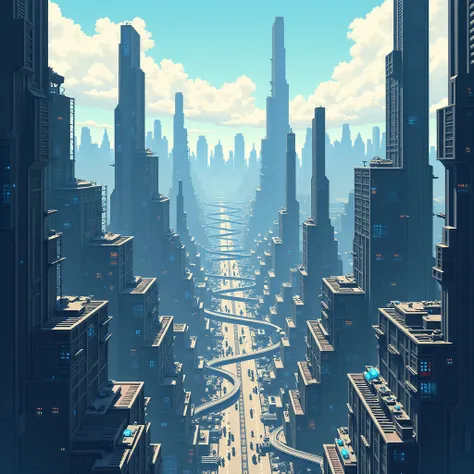 Cidade, vista do alto, 2D, pixel ART, futurista