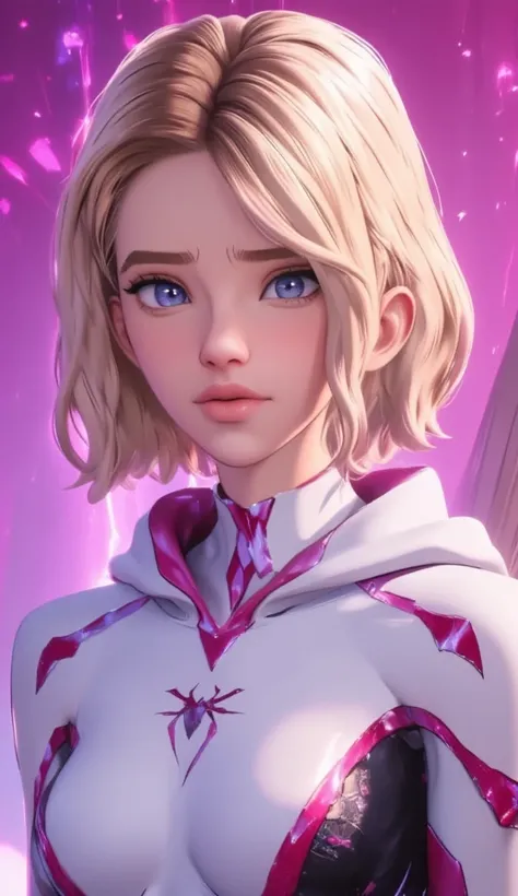 "beautiful anime-style girl with short platinum blonde hair with soft pink highlights, expressive light blue eyes, wearing a sty...