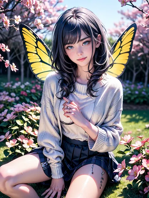 Best quality, 8K, best quality, masterpiece, ultra realistic, ((odd-eyed fairy school girl)), ((heterochromia, golden eyes, silv...