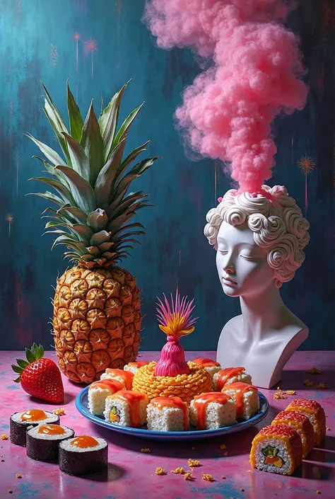 still life, neon stains and smoke. large strokes . pineapple, strawberry, Plaster bust, sushi and rolls