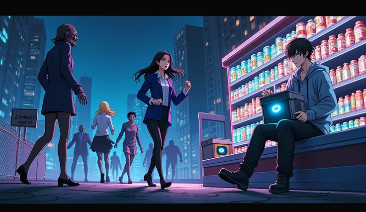 ultra detailed anime apocalypse scene at night, futuristic ruined city background with abandoned tall buildings, glowing neon si...