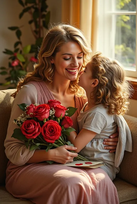A heartwarming, highly detailed scene of a  beautiful face blond wavy hair, mother and her cute daughter blong curly hair  in a ...