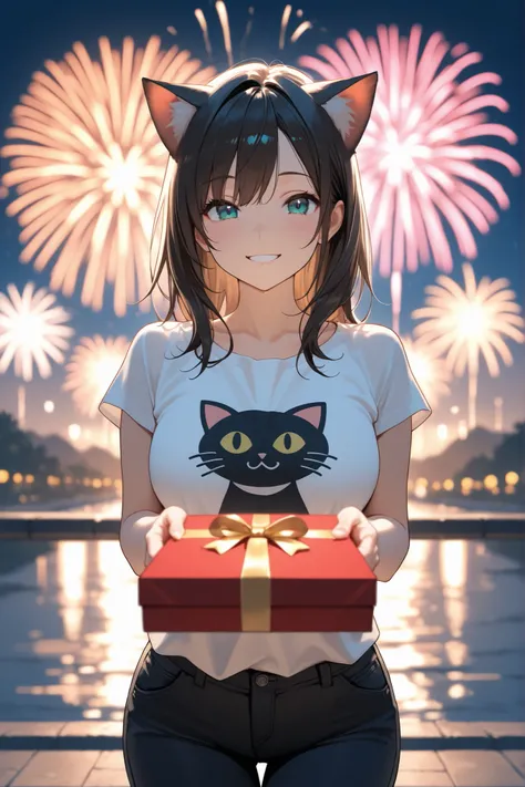Masterpiece, Best Quality, Solo, Beautiful Girl, Smile, Cat Ears, Cat T-shirt, Pants, Present Giving, Fireworks, Outdoors