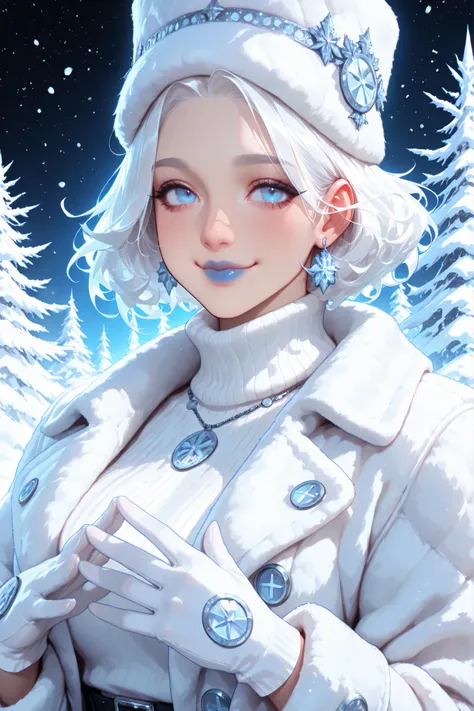 masterpiece, best quality,Gothic woman, wiccan, winter background, She is wearing a white fur coat, fashionable white turtle ne...