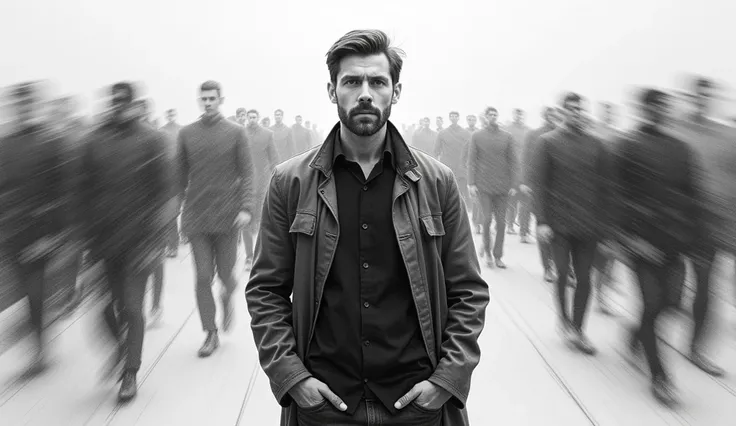 "Highly detailed pencil drawing of a man standing still in a rushing crowd, the people blurred with fast strokes, his calm face ...