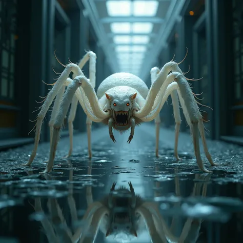"A terrifying white wolf-spider walking straight at the camera across a shattered glass floor, its massive legs tapping menacing...