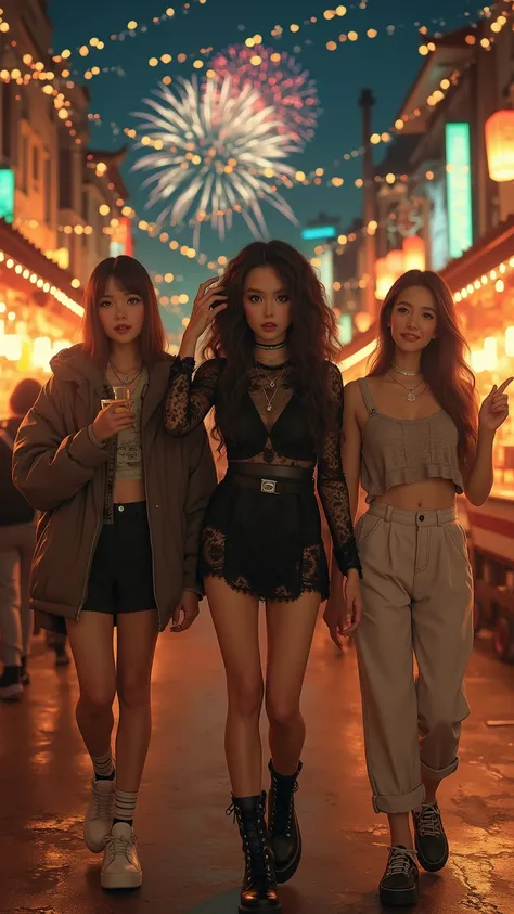At night, three stylish young women walk through a vibrant and crowded night market, surrounded by twinkling string lights, glow...
