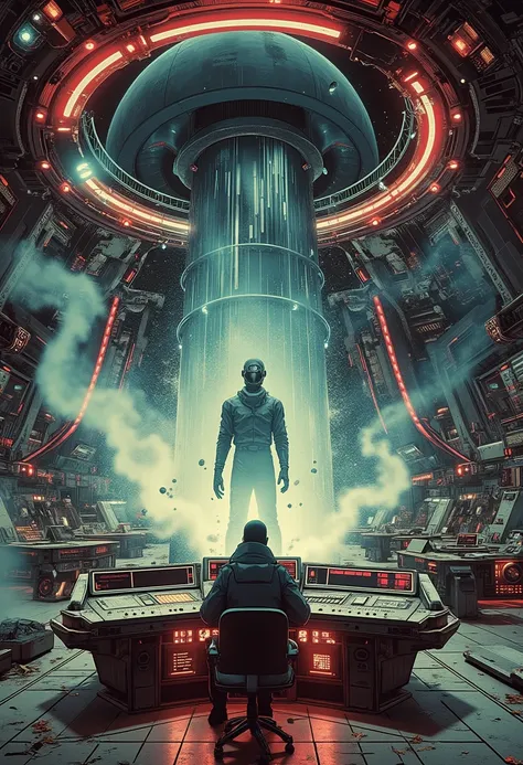 Inside a Soviet retro-futuristic spaceship, a Dream Catcher sits in the pilot’s throne, surrounded by glowing control panels. In...