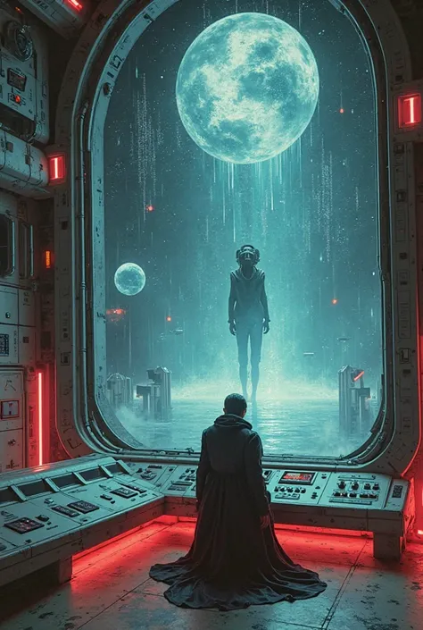 Inside a Soviet retro-futuristic spaceship, a Dream Catcher sits in the pilot’s throne, surrounded by glowing control panels. In...