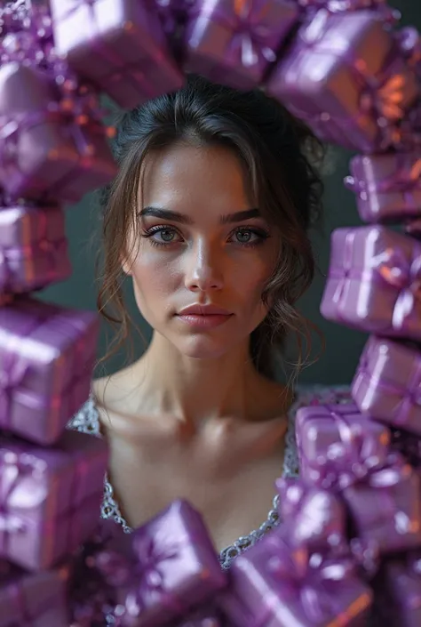 A mesmerizing portrait in the foreground of Ugenerates a PNG of gifts but only the border or frame of the gifts, Let it be a pur...