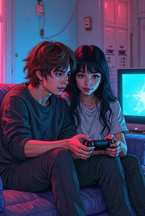 make me a drawing of a couple playing games at their house, They're on the couch playing video game, In cyber punk, The girl has...