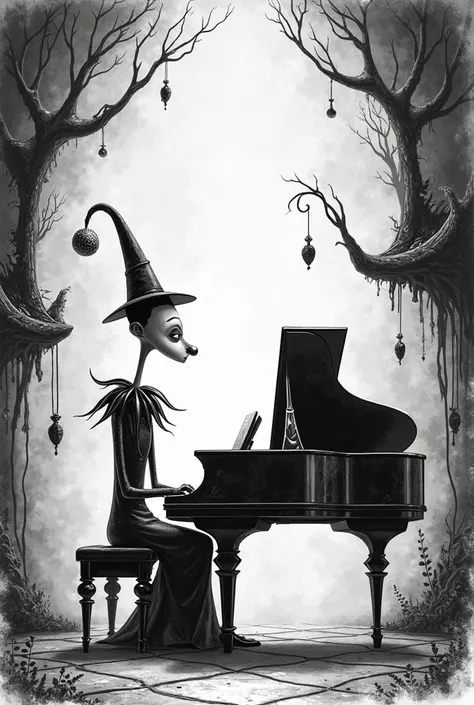 Create a black and white jester playing the piano in the Timburton animated space
