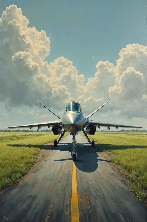 Shahpar 2 is pakistani uav. Make a painting where shahpar 2 is standing on runway. There is rich green field alongside runway. T...