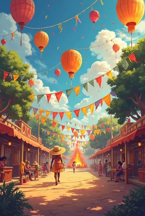 A background inspired by Saint John, with many June elements, como fogueira, bandeirolas, colorful balloons and straw hats, com ...