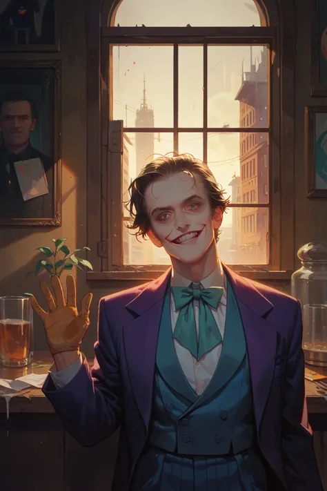 The Joker, Jack Nicholson as joker, looking out the window at Gotham City at night, and his face is reflected in the window glas...