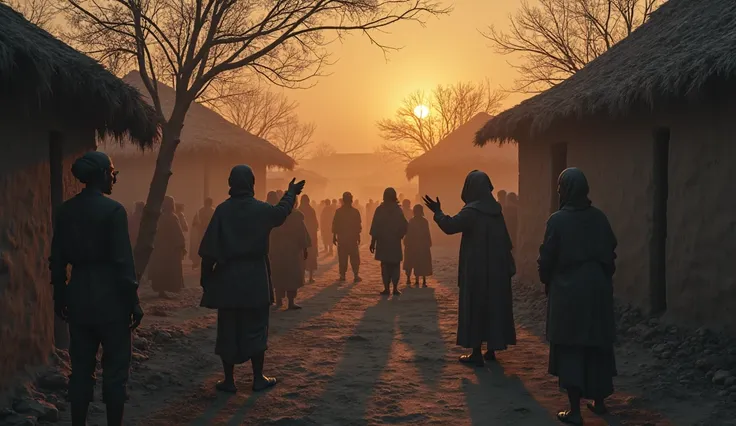 Villagers gossiping outside mud houses at dusk, superstitious expressions, some pointing toward a small house, eerie mood – 4K u...