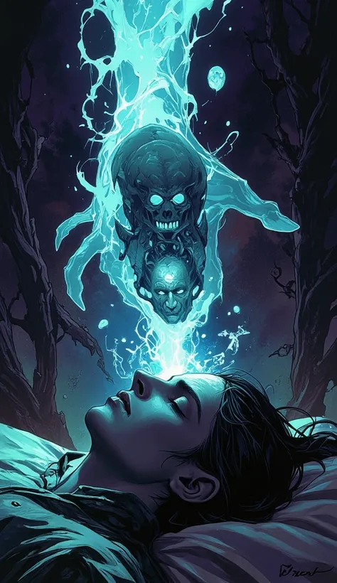 Beautiful female sorcerer hand open above sleeping man's head grabbing his nightmares, hand down with spread fingers, hand suck...