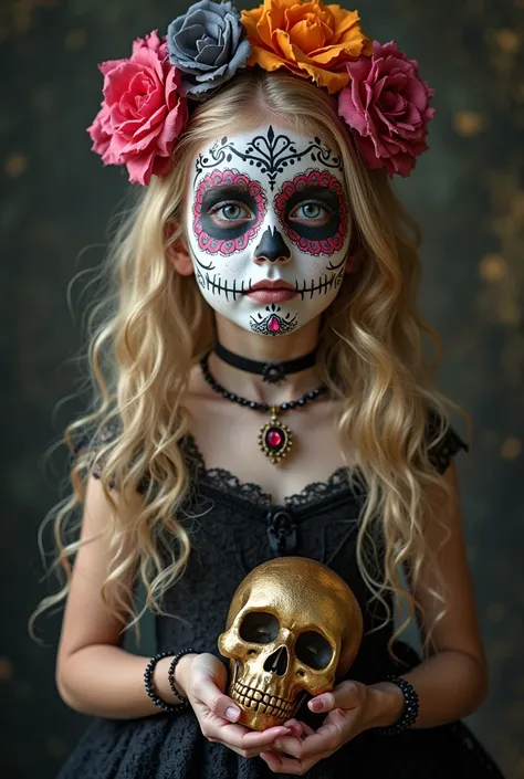 Prompt photorealistic, cute young girl, sugar skull makeup, elaborate face tattoos, long blonde curls, colorful flowers in hair,...