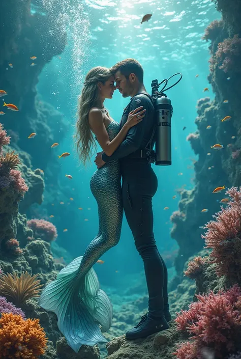 An amazing hyperrealistic photo of a romantic couple inside sea. The woman is a mermaid and the man is a diver wearing divers eq...