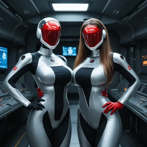 ultra high quality photo realistic picture of attractive machine like android females, (((wearing futuristic red brownish tight ...