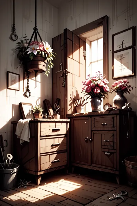 A vintage wooden drawer floats in a void. Inside are symbolic objects: a wilted flower, a faded photograph, a key, a dried fruit...