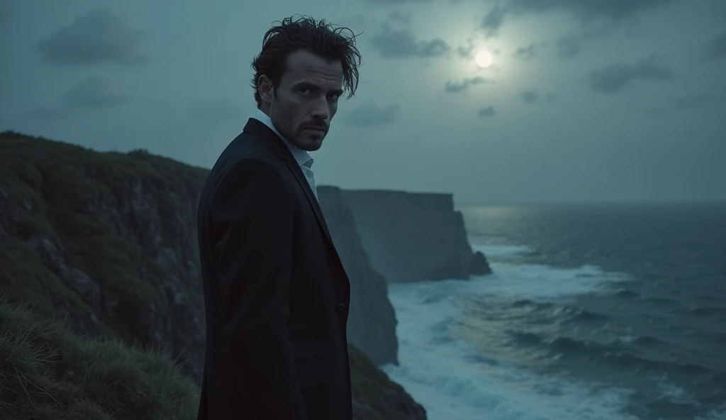 A lone man in a tailored black suit stands on a cliff’s edge, overlooking a stormy sea at twilight. His face is half-lit by a co...