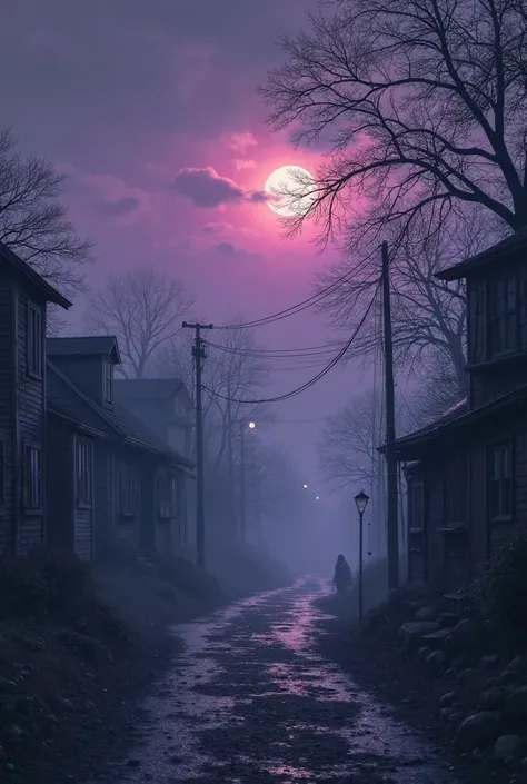 "A twilight scene in a village where the sun has just set. The sky is deep purple, shadows are long, and a cold mist begins to r...