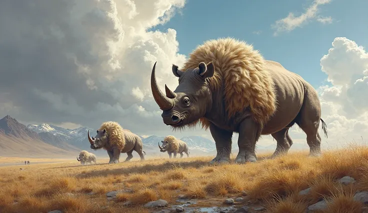 A majestic digital painting showing the origins of Ice Age giants. Woolly rhinoceroses and other massive beasts emerging from th...
