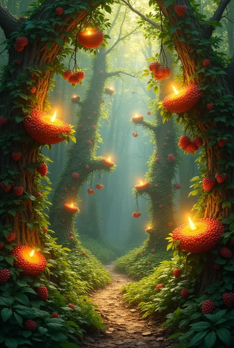 A magical scene of numerous berry bushes, each branch heavy and full with glowing golden bowls nestled among the ripe berries. T...