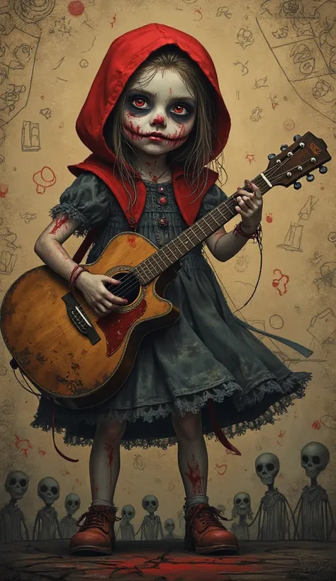 Hand-drawn cartoon, 1girl, Seul, Jolie jeune fille charmante du petit chaperon rouge,Powerful zombie makeup, Playing an old guit...