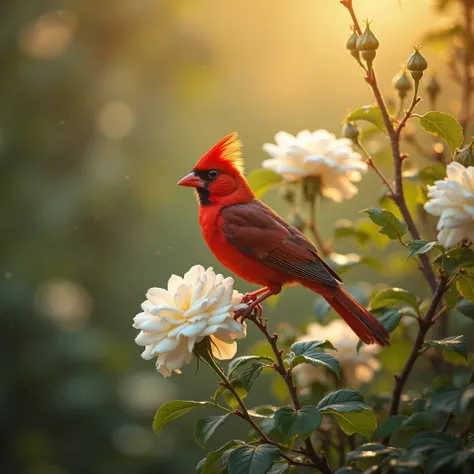 "A vibrant crimson bird perched delicately among the branches of a blooming white rose bush. The bird's feathers shimmer in the ...
