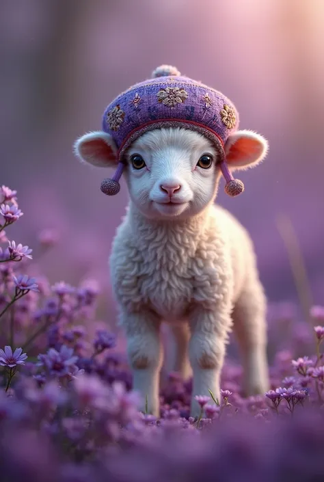 I need a picture of a lamb wearing a traditional Uzbek doppi. The background scenery should be purple.