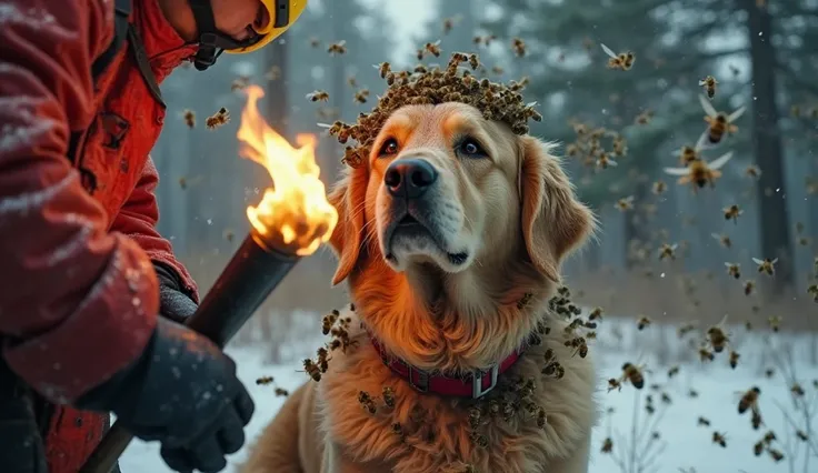 A terrified dirty cream-colored Golden Retriever with a torn red collar, its head and face completely covered in a thick swarm o...