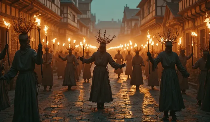 Large group of dancers illuminated by torches and lanterns at night, medieval street transformed into surreal spectacle, shadows...