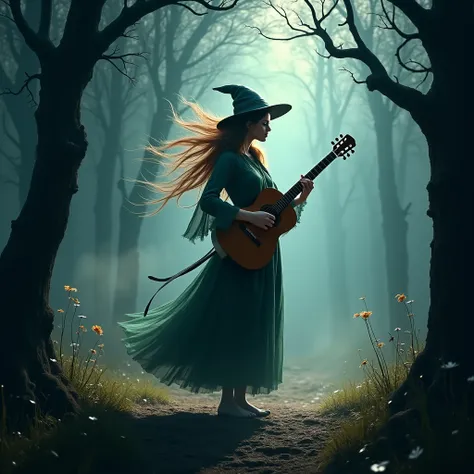 The witch plays guitar,dancing slightly