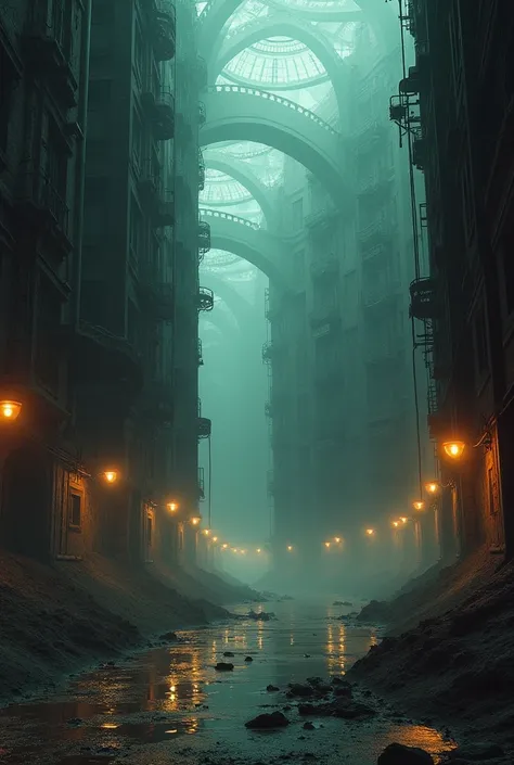 Generate images of different parts and spaces of Of course. Then , I present to you a city **Dystopian ** fictitious , reflect...