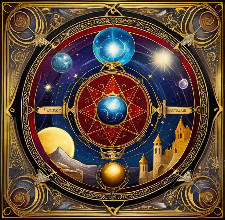 tarot card, card illustration depicting ancient wisdom and cosmic energies, mystical symbols interwoven with natural elements, m...