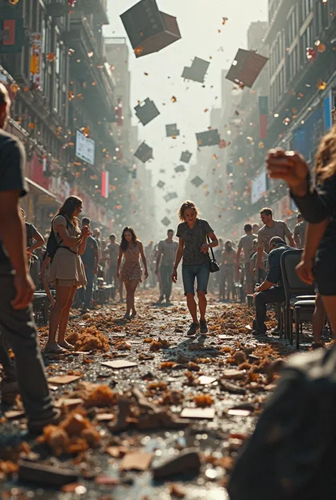 Chaos at the event with fallen chairs, mesas quebradas, entre outros