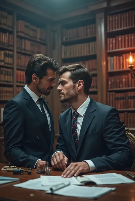 A well-dressed devil, wearing an elegant suit and an impeccable tie, whispers cleverly In the ear of a young law graduate, about...