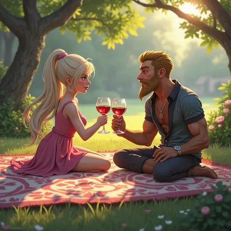 Gwen(Character from League of Legends) sitting on a large tablecloth with patterns of squares, with a glass of wine in his left ...
