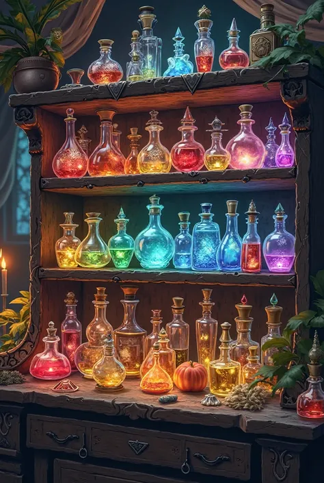 Apothecary shelf with potions full of healing miracle and desire potions of all different colors according to use, size, magical...