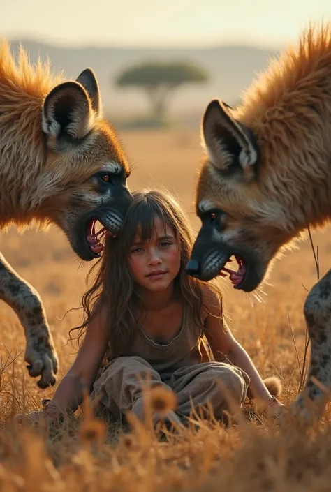 Scared belly-up girl who is dragged and eaten by hyenas in the savanna